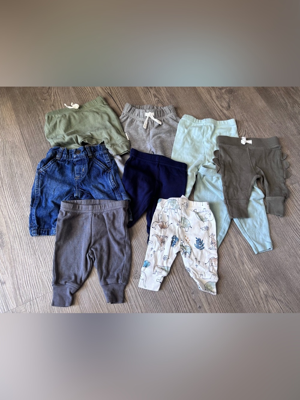 Carter's Baby Pants Bundle - Olive, Gray, Navy, Light Blue, Denim, Cream Print